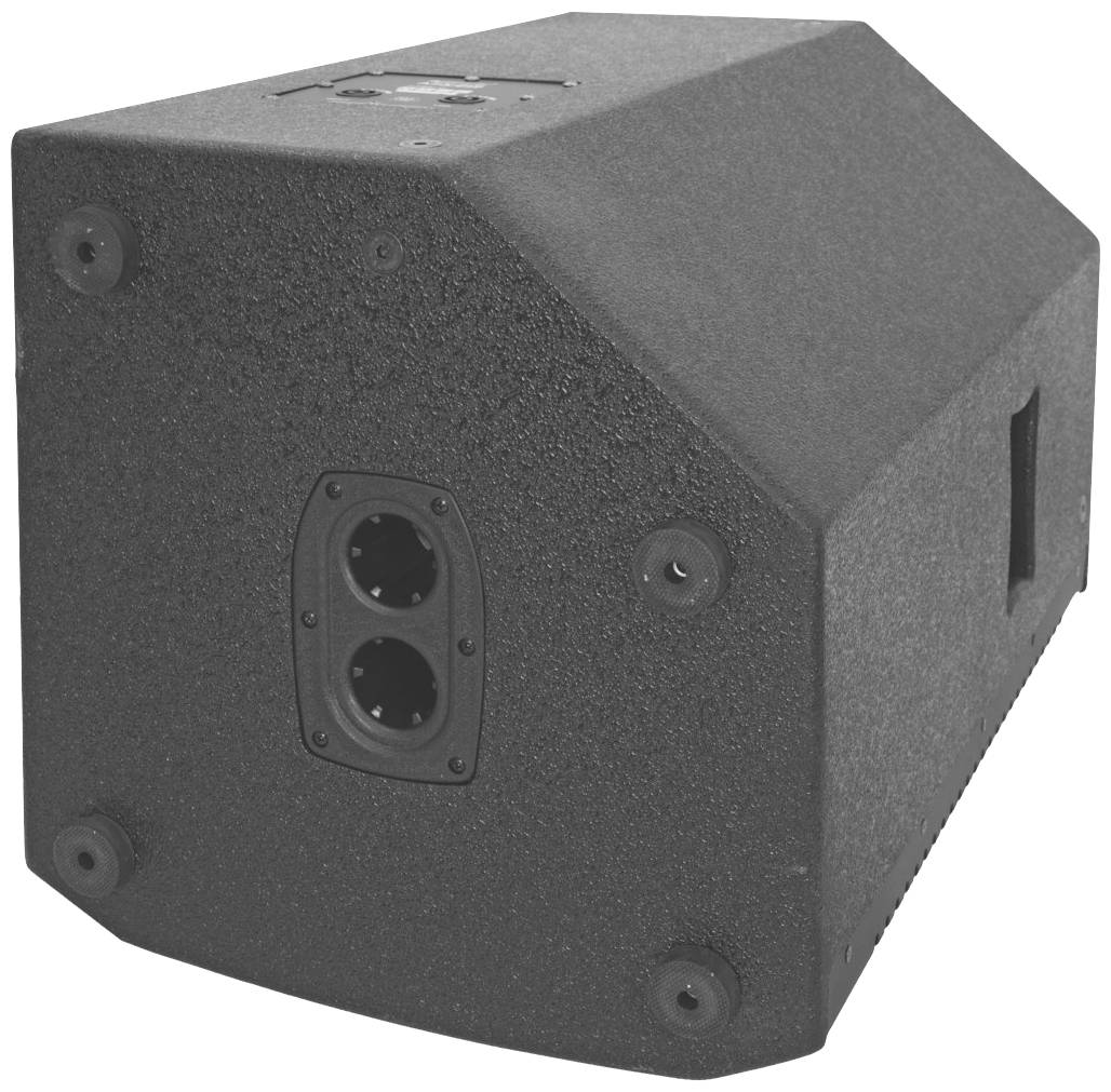 Czarny głośnik o kształcie trapezowym z dwoma gniazdami przyłączeniowymi po skosnej stronie. Idealny do nagłośnienia scenicznego.