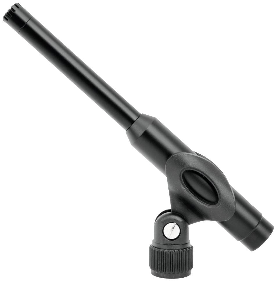 Czarny mikrofon na statywie, lekko pochylony do góry. Odpowiedni do nagrywania lub wzmacniania dźwięku.