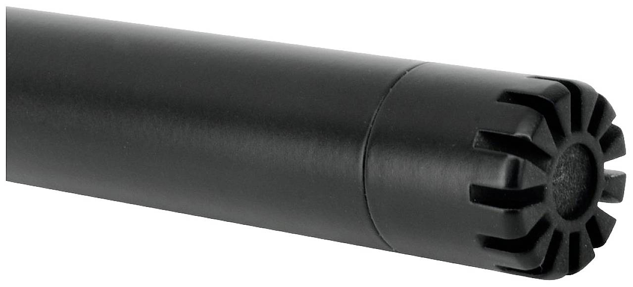 Czarny, cylindryczny element z żebrowanym końcem, prawdopodobnie urządzenie techniczne lub część narzędzia.