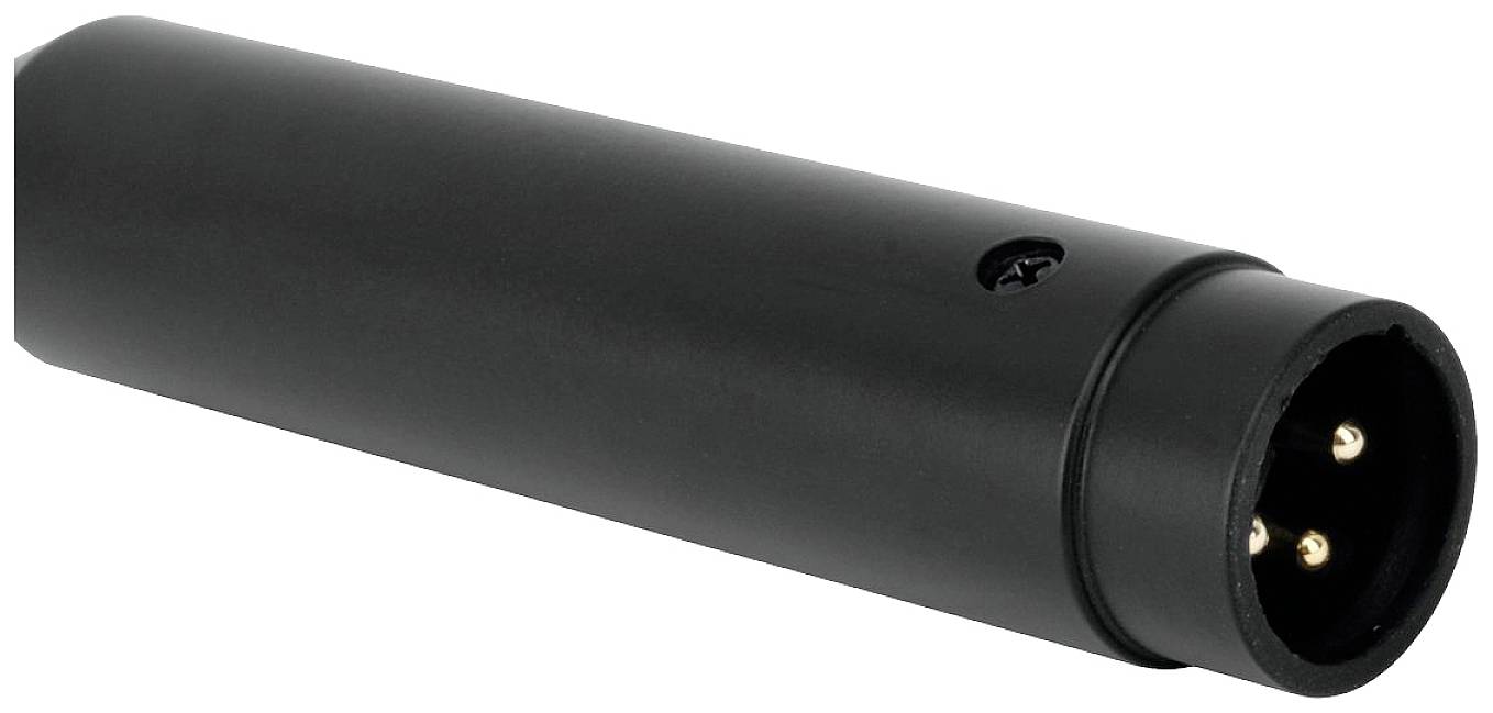 Czarny wtyk XLR z trzema metalowymi stykami, z widoczną śrubą z boku, stosowany do połączeń audio.