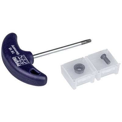 Klucz wielofunkcyjny z uchwytem T z bitem Torx TX 15 obok dwóch małych, otwartych pudełek z tworzywa sztucznego, które zawierają śrubę i pierścień.