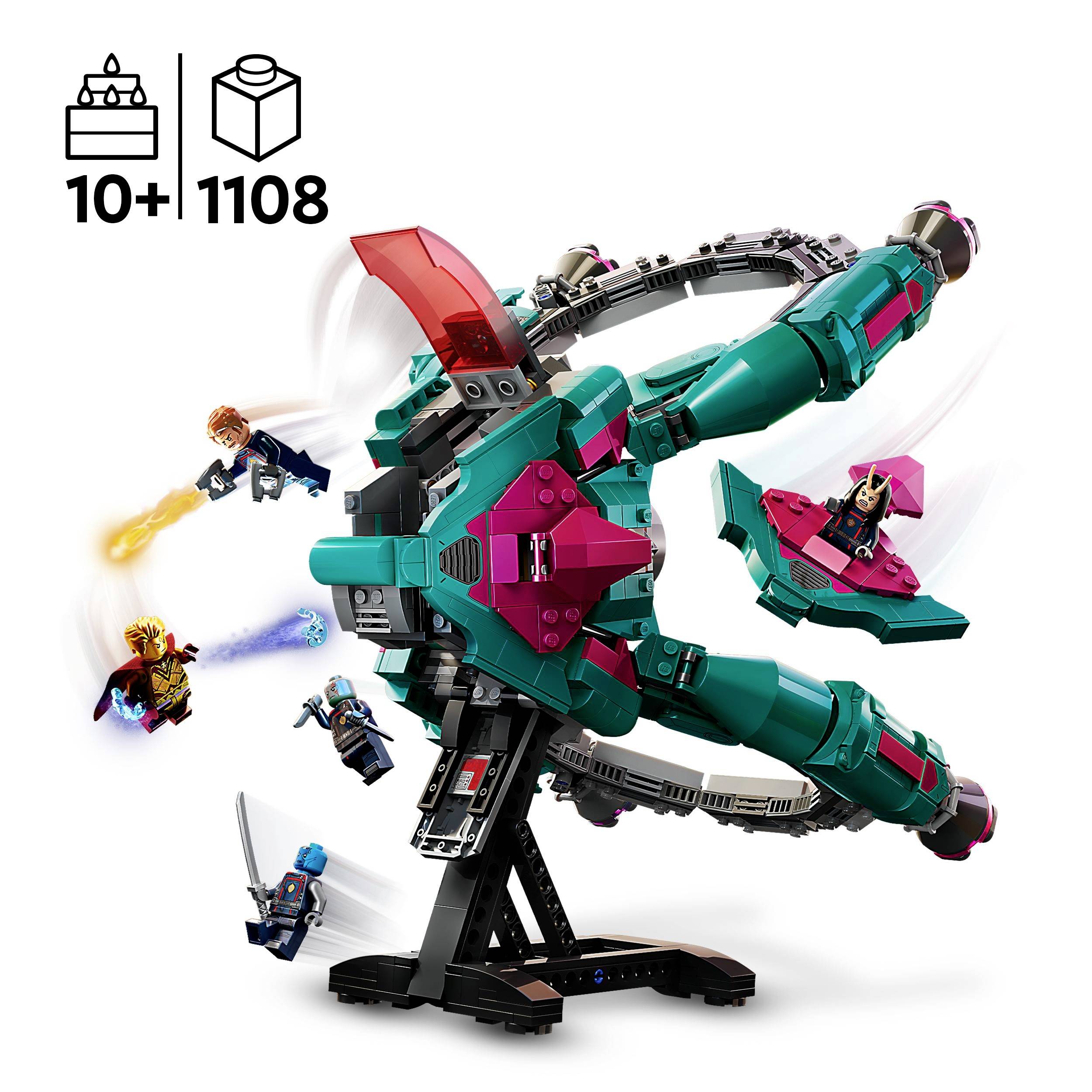 Zestaw LEGO statku kosmicznego superbohatera z minifigurkami i akcesoriami. Zalecany dla dzieci powyżej 10 lat, zawiera 1108 elementów.