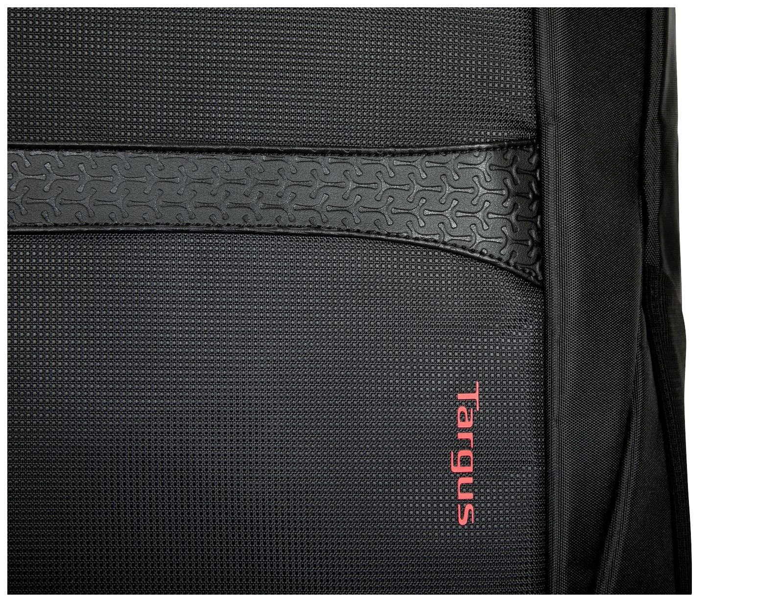 Czarny plecak z strukturyzowanym wzorem i czerwonym logo 'Targus' na przedniej stronie.