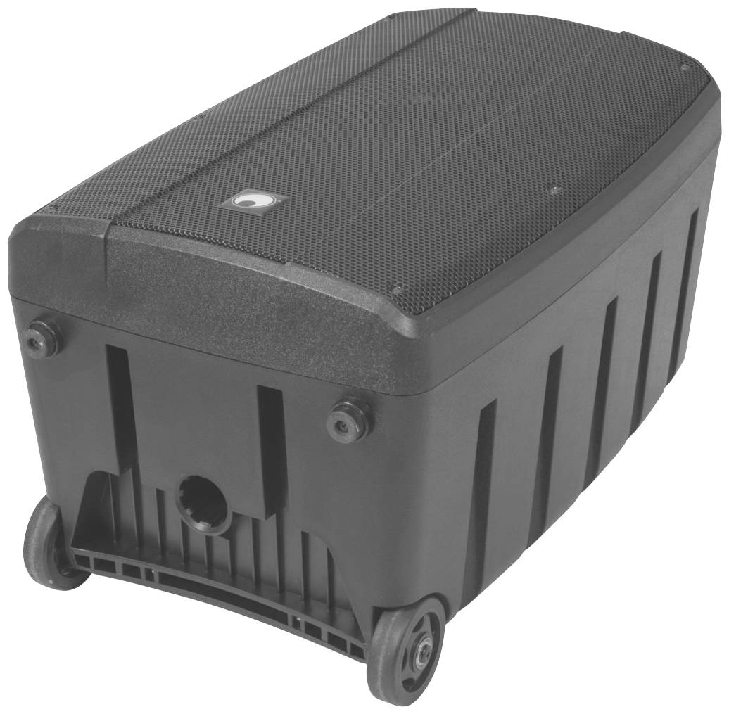 Czarna, prostokątna plastikowa skrzynia na kółkach, często używana jako pojemnik na śmieci lub odpady, stojąca na płaskiej powierzchni.