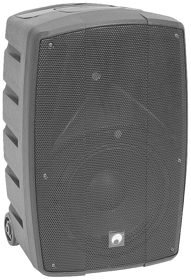 Duży, czarny głośnik z zaokrąglonymi narożnikami i kratką na przedniej ściance.