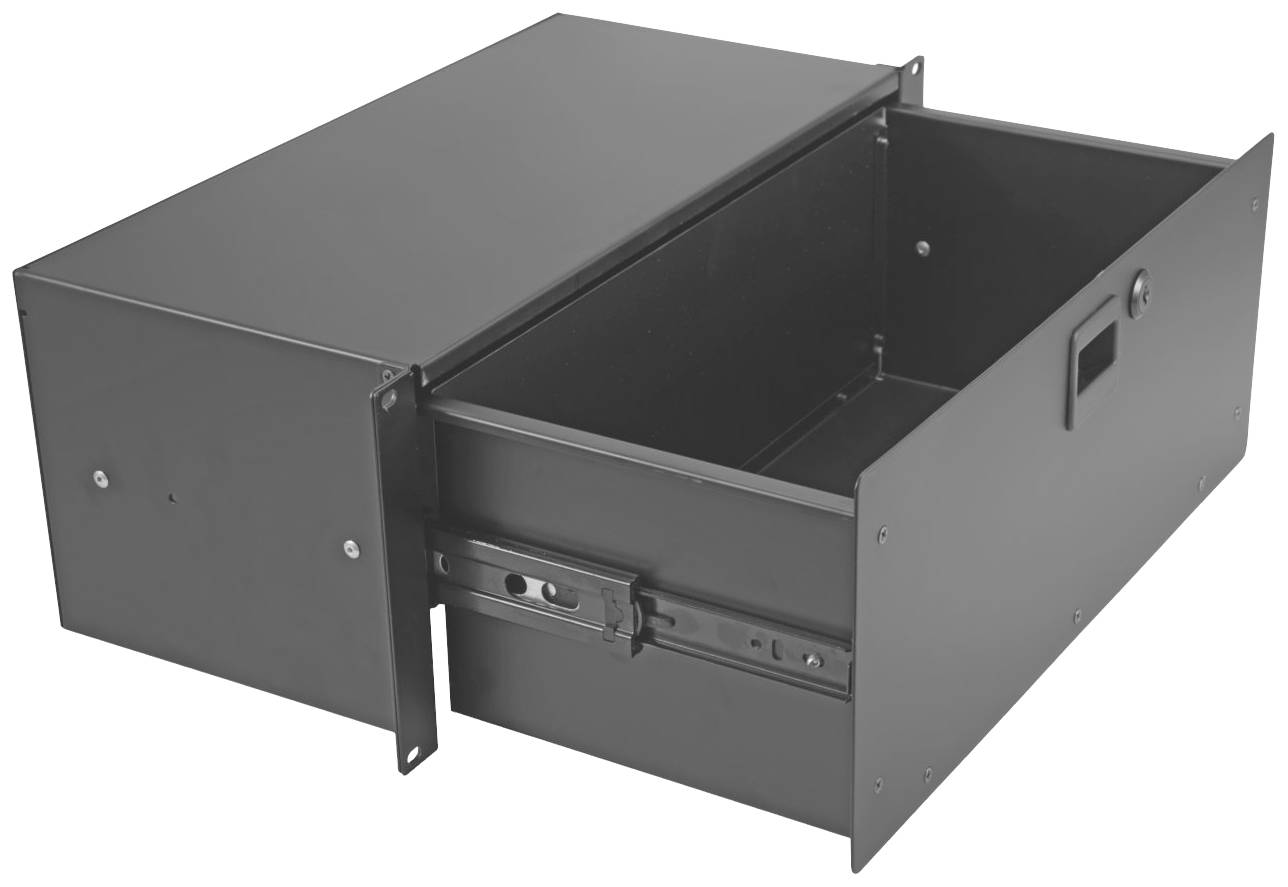 Czarna metalowa szuflada jest częściowo wysunięta, ukazując wewnątrz pustą przestrzeń, odpowiednia do bezpiecznego przechowywania przedmiotów.