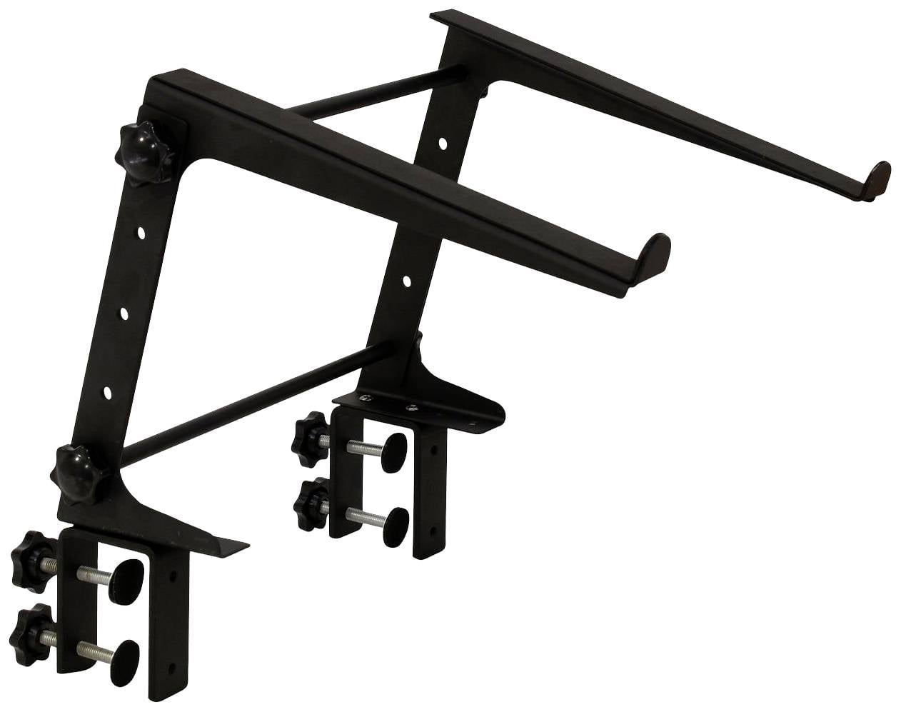 Metalowy uchwyt na laptopa do mocowania do stołu, z regulowanymi ramionami i zaciskami zapewniającymi stabilność. Odpowiedni do sprzętu DJ-skiego.