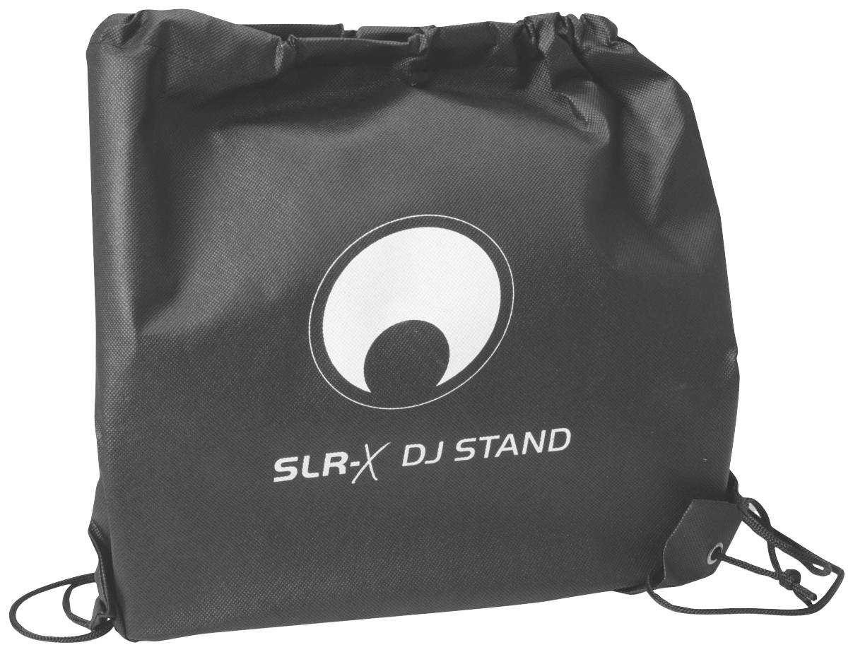 Czarna torba z nadrukiem 'SLR-X DJ Stand'. Posiada design ze sznurkiem do sznurowania i stylizowane logo pośrodku.