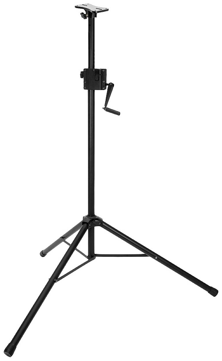 Czarny statyw na trzech nogach z korbką do regulacji wysokości, odpowiedni dla głośników lub innych urządzeń.