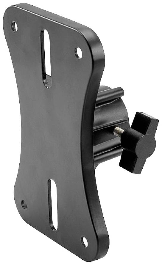 Czarna podstawa z dwoma podłużnymi otworami i pokrętłem do mocowania na płaskiej powierzchni. Odpowiednia do montażu ściennego.