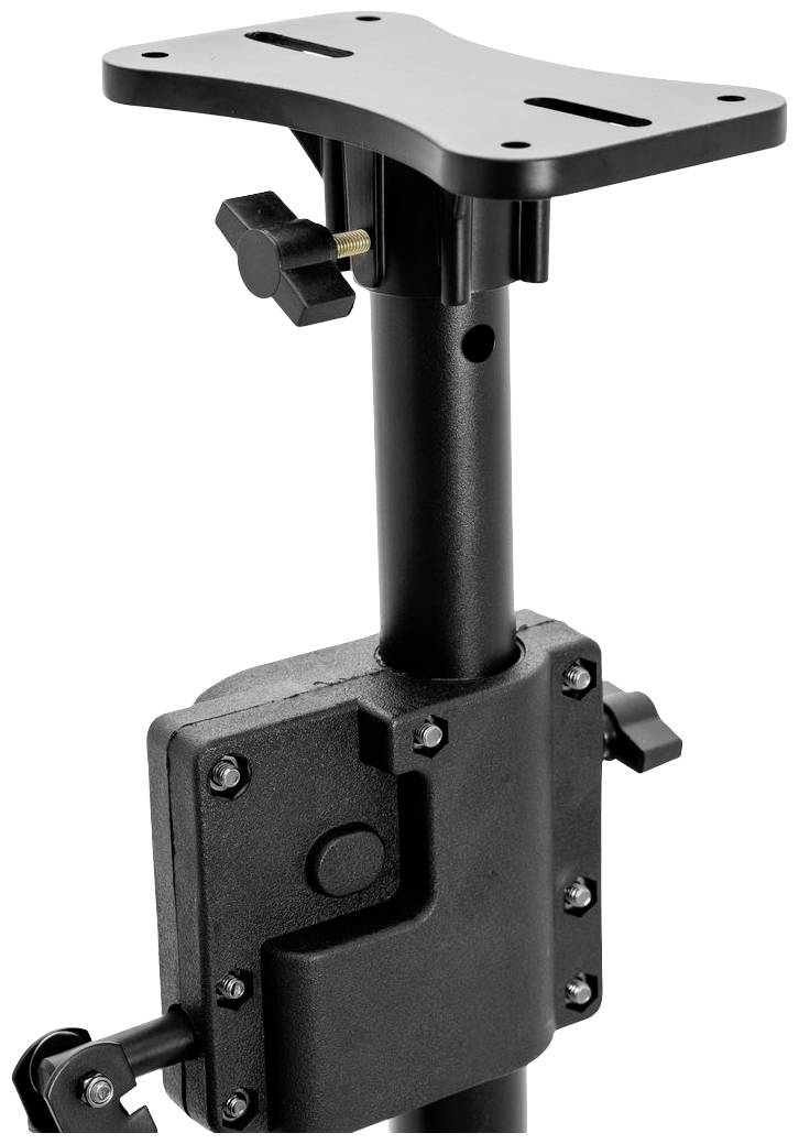 Czarny, regulowany stojak z płytą montażową i śrubami. Odpowiedni do mocowania monitorów lub innych urządzeń.