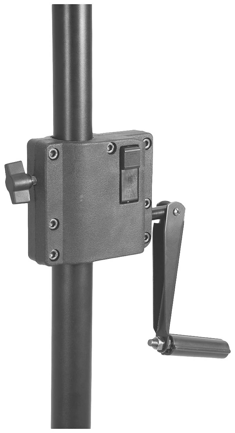 Czarny metalowy stojak z korbą i dźwignią z boku, prawdopodobnie służący do regulacji wysokości.