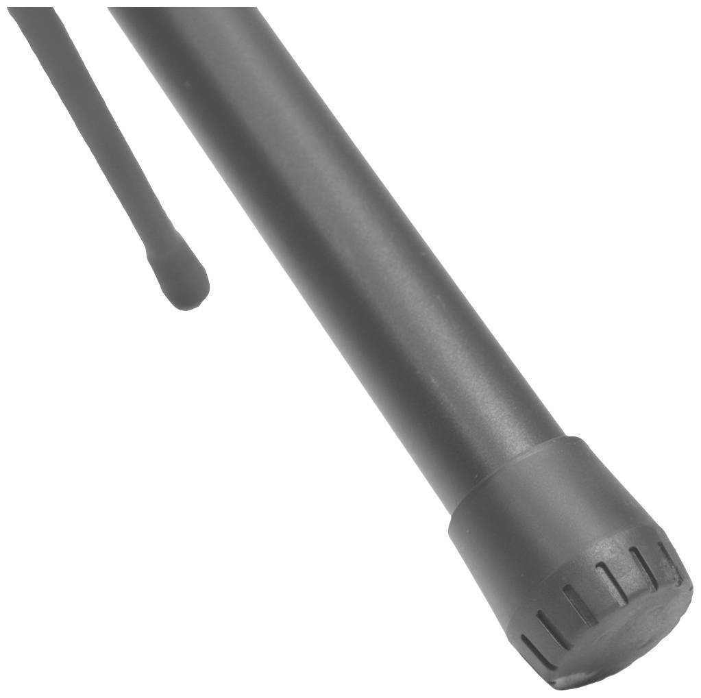 Ciemny, cylindryczny przedmiot z wyprofilowanym końcem, przypominający rękojeść lub pałkę.