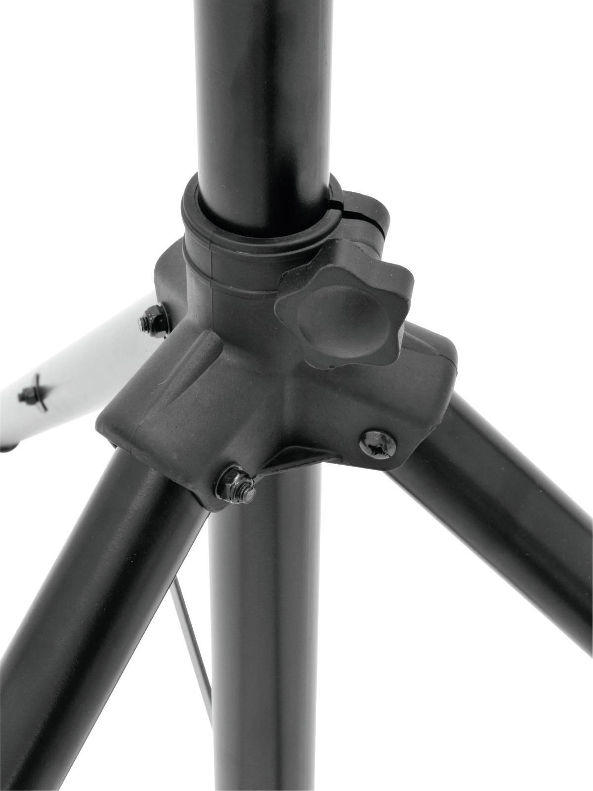Czarna noga statywu z obrotowym mechanizmem blokady, który zapewnia stabilność i umożliwia regulację wysokości.