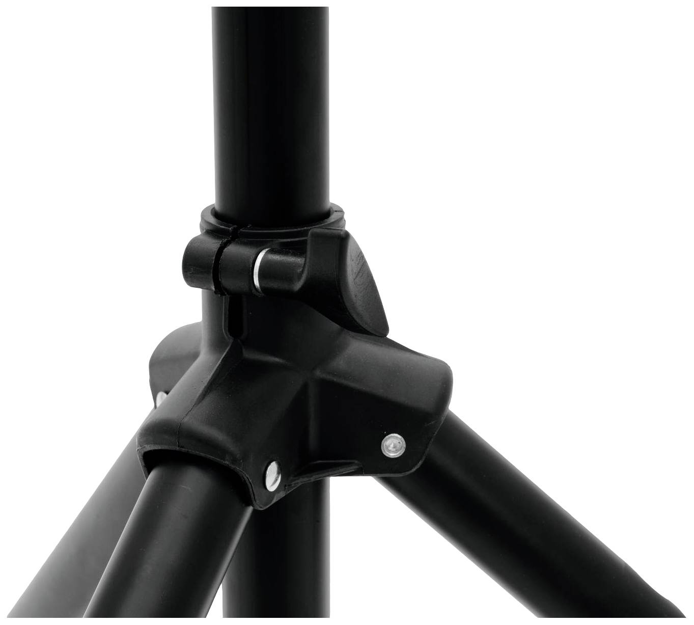Czarne ramię statywu z regulowanym mechanizmem blokady, sfotografowane w zbliżeniu. Stabilne i przystosowane do różnych powierzchni.