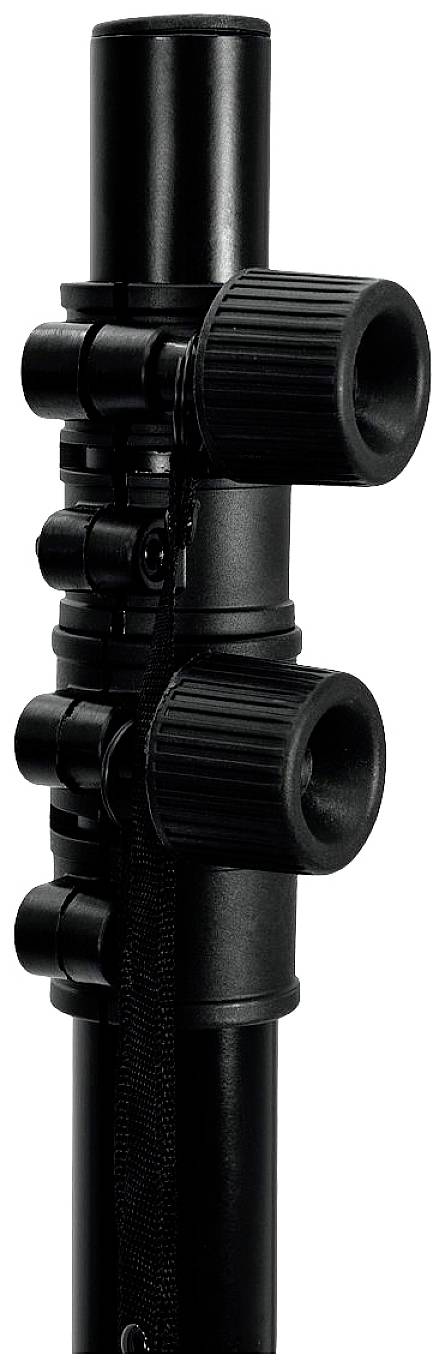 Czarny statyw teleskopowy w pozycji pionowej. Na górze widoczny jest regulowany uchwyt z kilkoma pokrętłami.