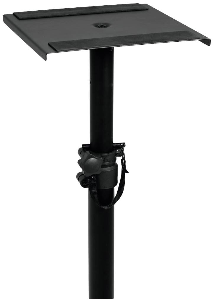 Czarny stojak na głośniki z prostokątną podstawą i regulowaną metalową rurą. Odpowiedni dla sprzętu audio.