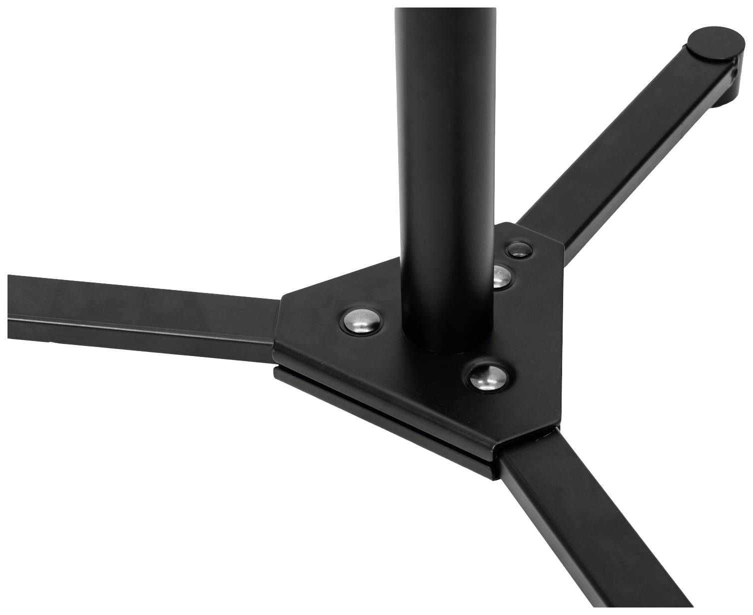 Czarny metalowy stojak z trzema nogami rozchodzącymi się od centralnej podstawy.