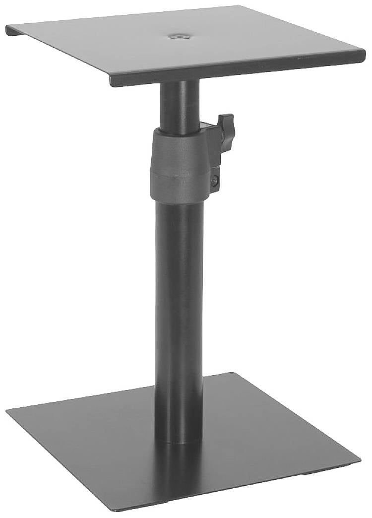 Czarny stojak na głośniki z kwadratową podstawą i regulowaną wysokością. Przeznaczony do bezpiecznego umieszczania głośników.