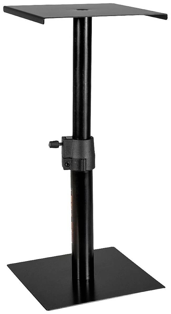 Czarny metalowy stojak głośnikowy z prostokątną podstawą i regulowaną wysokością, odpowiedni do monitorów studyjnych.