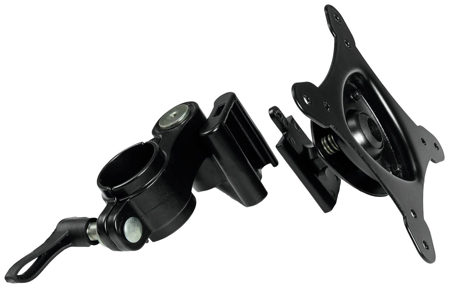 'Uchwyt montażowy do monitorów, czarny, składający się z dwóch oddzielnych części do zamocowania na ścianie lub biurku.'