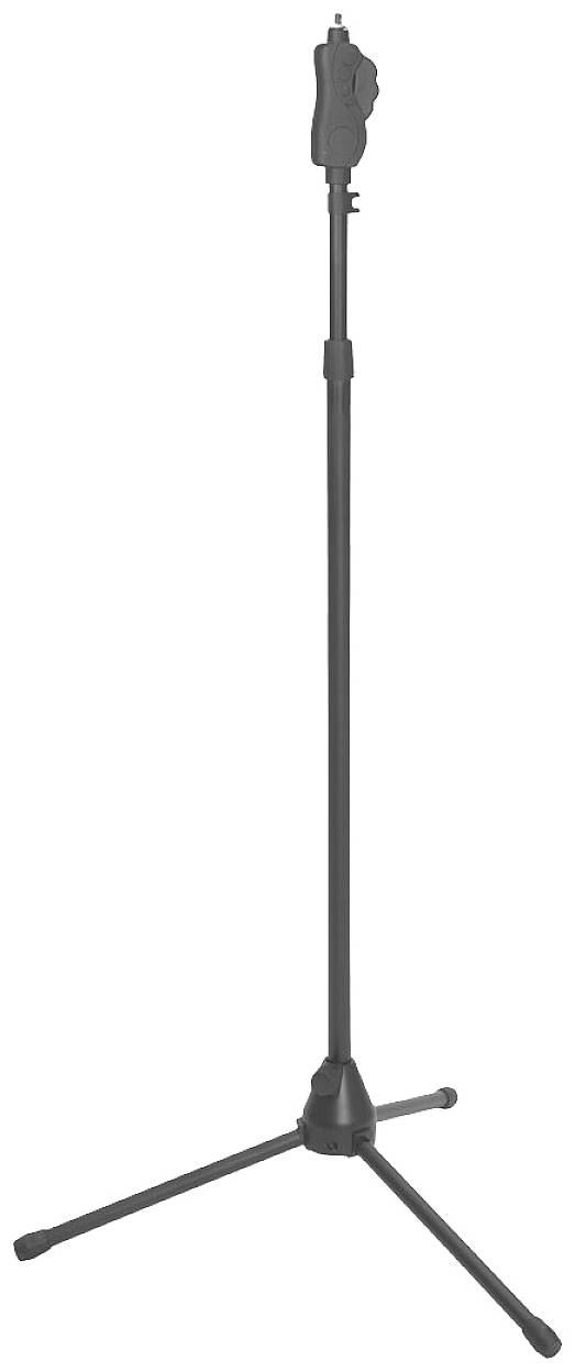 Czarny statyw z trzema nogami i regulowaną wysokością, odpowiedni do mocowania mikrofonów lub kamer.