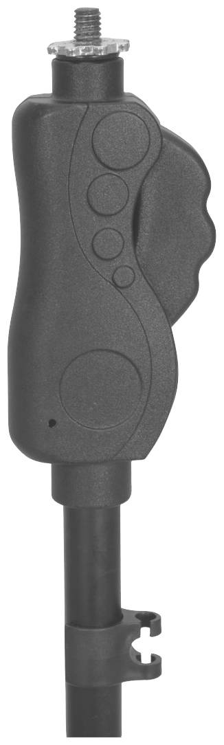 Czarno-szary uchwyt statywu fotograficznego z kilkoma przyciskami i śrubowym mocowaniem na czubku.