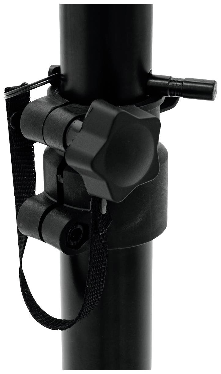 Czarny stojak z dokręconym zamkiem obrotowym na rurze zabezpieczonej pasem.