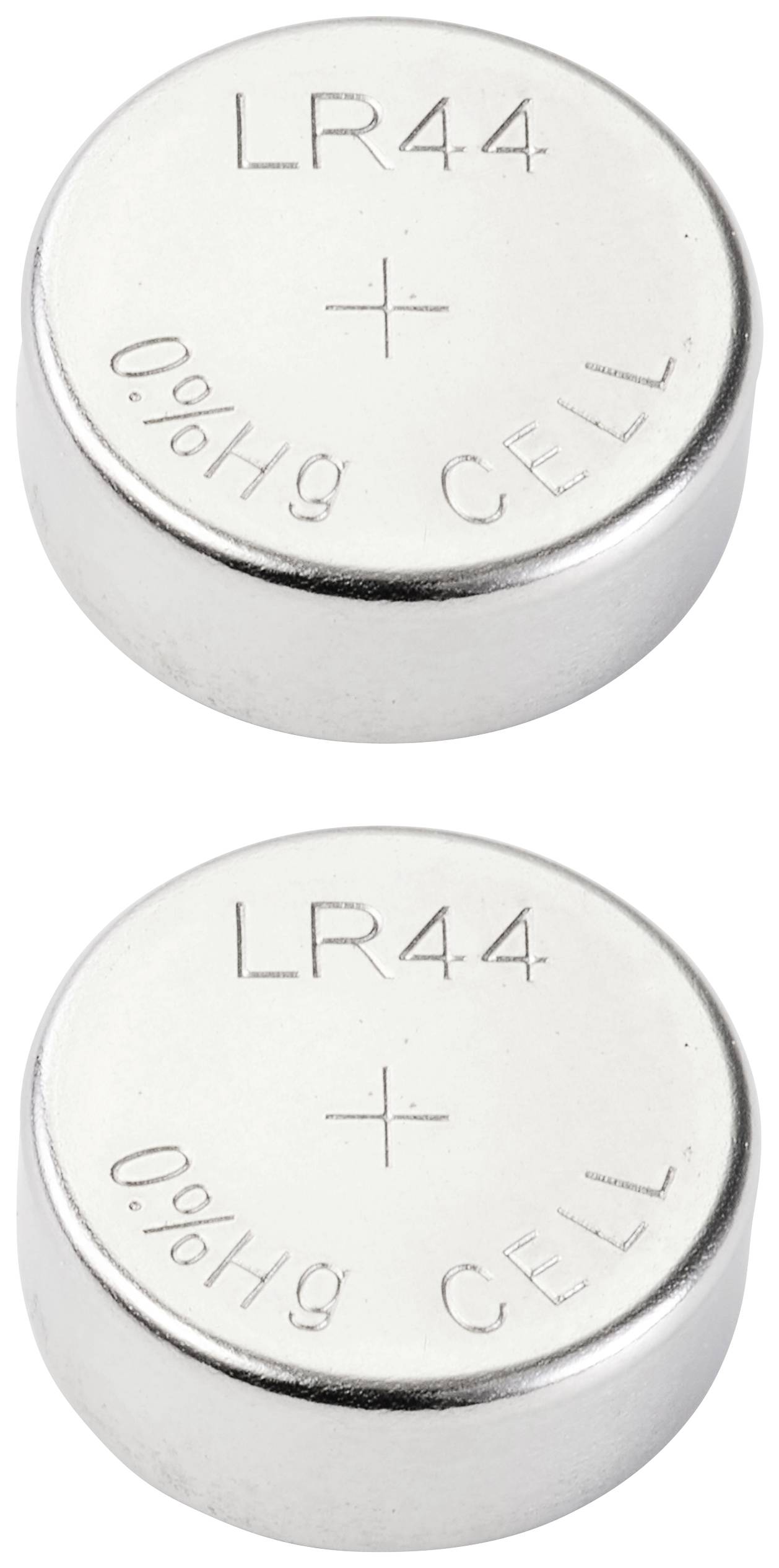 Dwie srebrne baterie guzikowe z napisem 'LR44', '0%Hg' oraz 'CELL'.