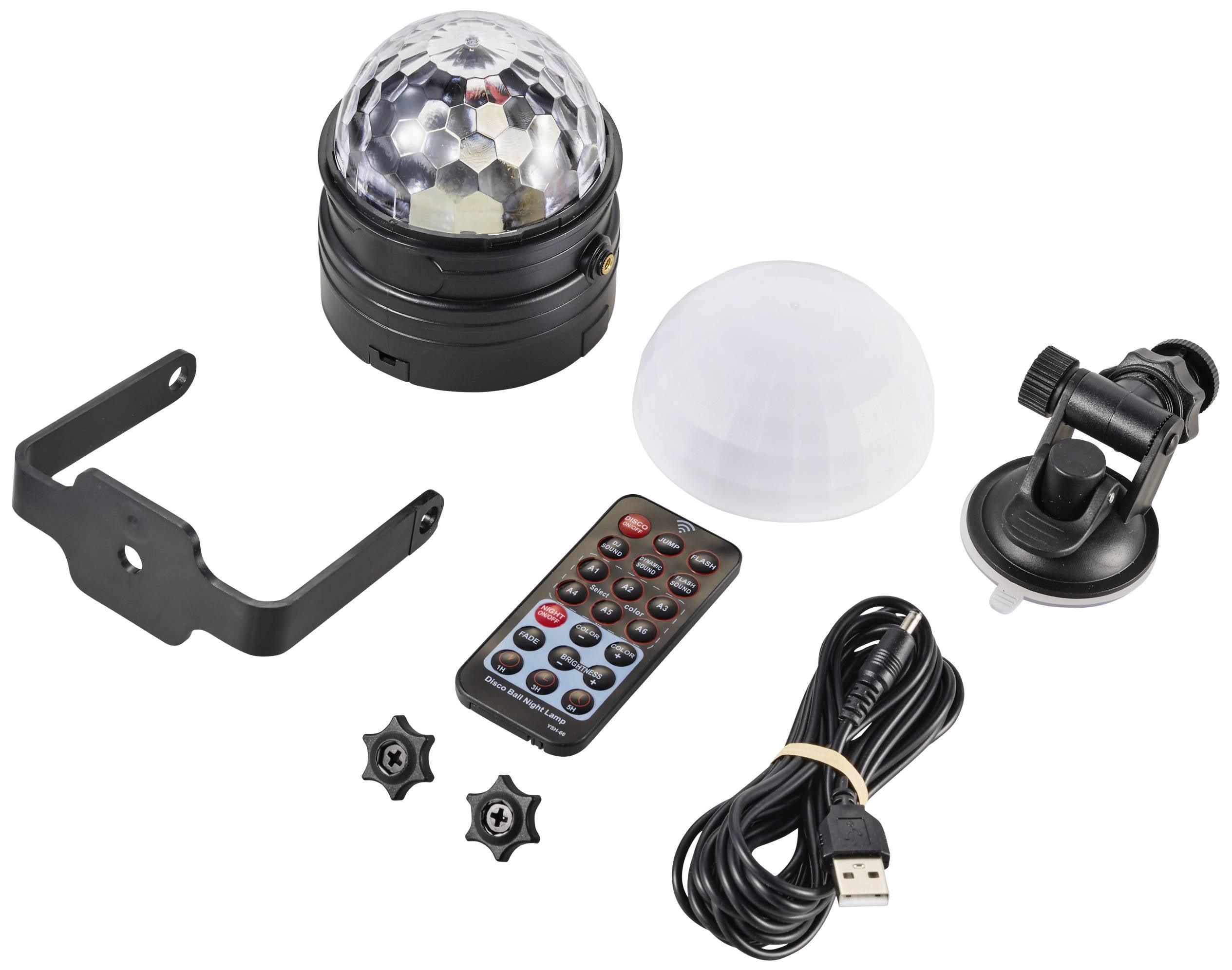 Elementy zestawu dyskotekowej kuli LED: kula szklana, uchwyty, pilot zdalnego sterowania, kabel USB. Zastosowanie: oświetlenie imprezowe.