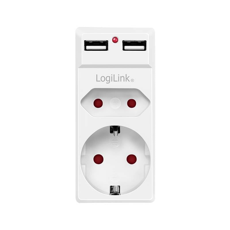 Biała wtyczka marki 'LogiLink' z dwoma gniazdami USB na górze i jednym gniazdem Schuko na dole.