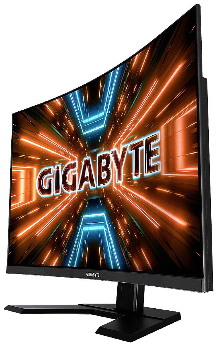 Zakrzywiony monitor gamingowy z świecącym neonowym tłem i napisem 'GIGABYTE' pośrodku ekranu.