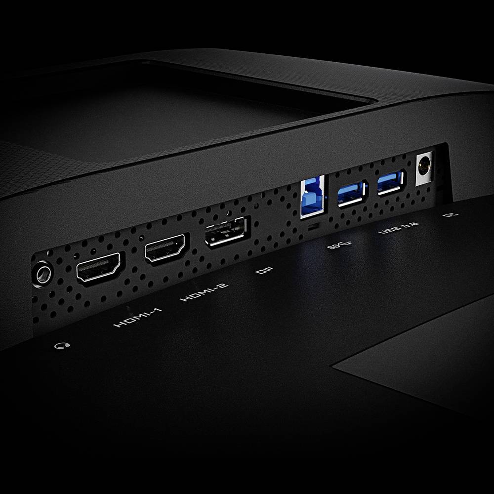 Tylna strona ekranu monitora przedstawia różne złącza: HDMI, DisplayPort, USB-C, USB-A oraz gniazdo zasilania.