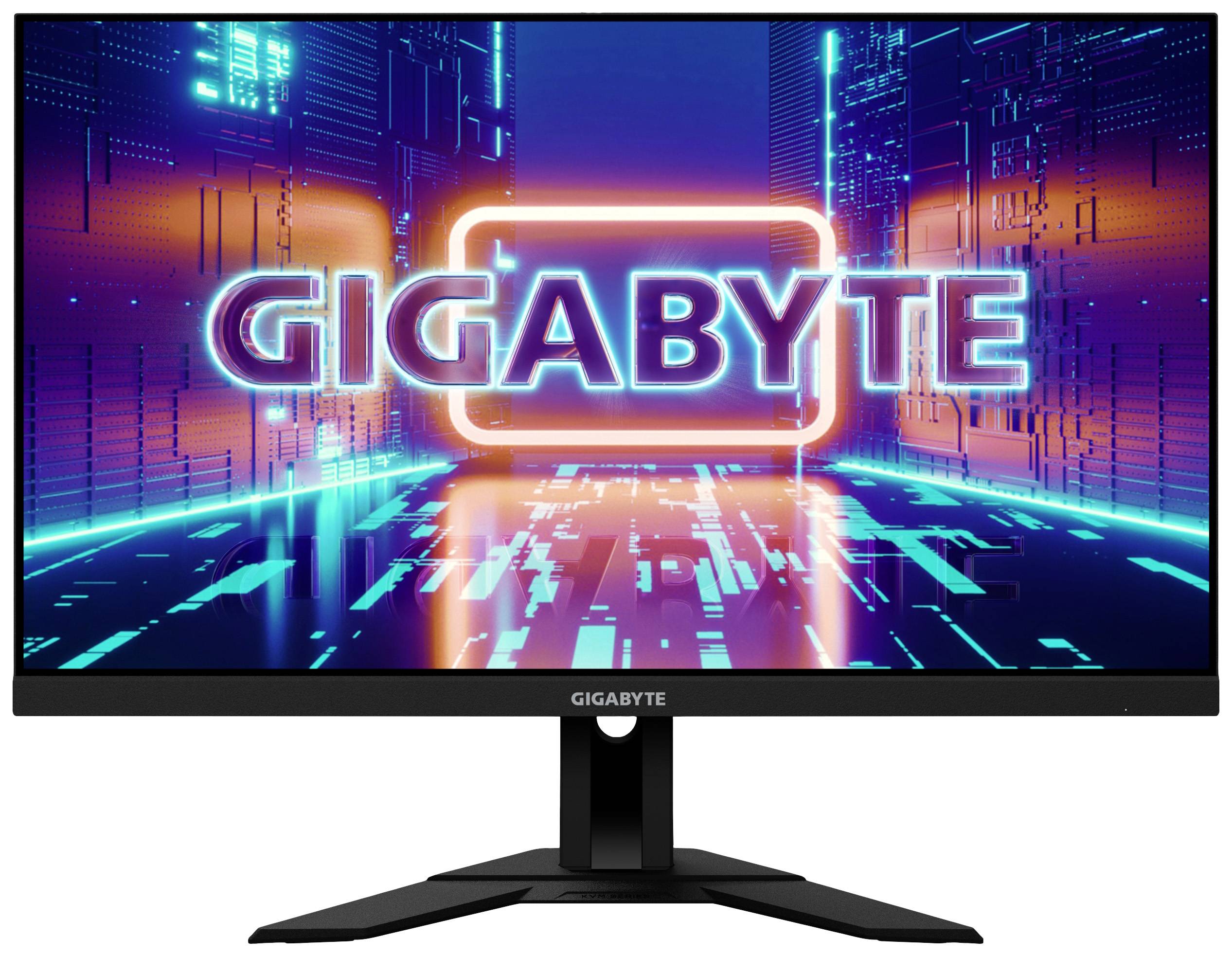 Ekran komputerowy z logo 'GIGABYTE' wyświetlany na cyfrowym, futurystycznym tle.