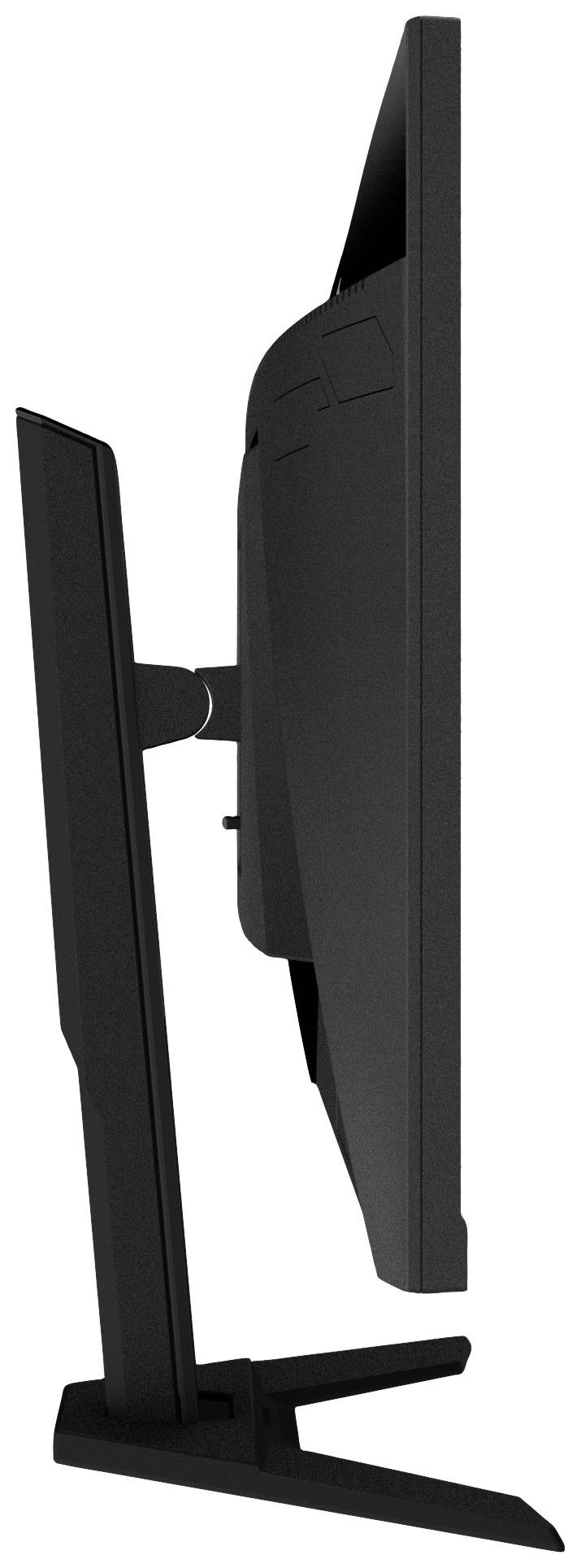 Smukły, czarny monitor komputerowy widziany z boku, prezentuje swoją małą grubość i solidną podstawę.