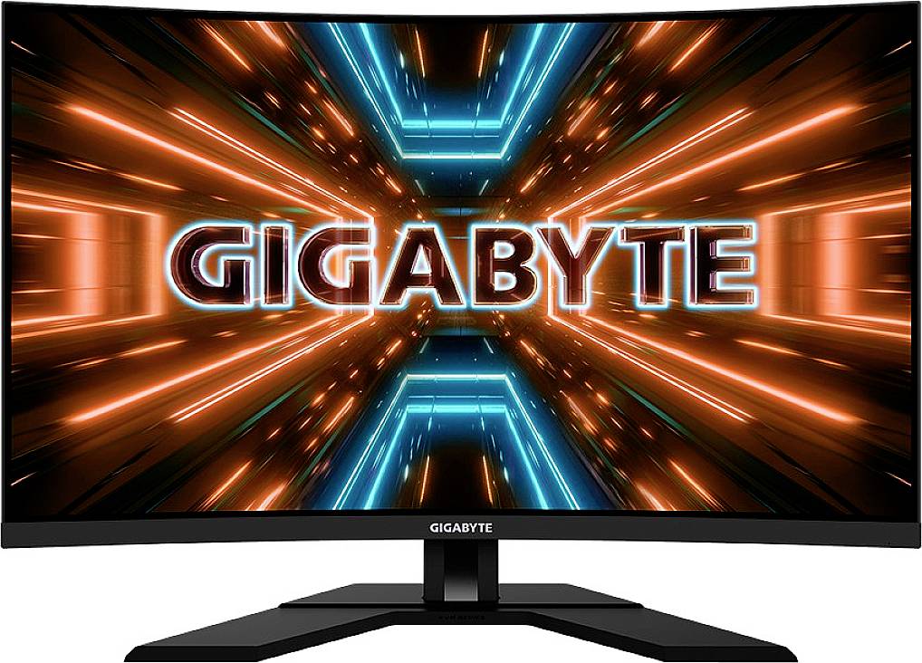 Monitor z świecącym logo 'GIGABYTE' na ekranie, otoczony pomarańczowymi i niebieskimi świecącymi liniami w stylu cybernetycznym.