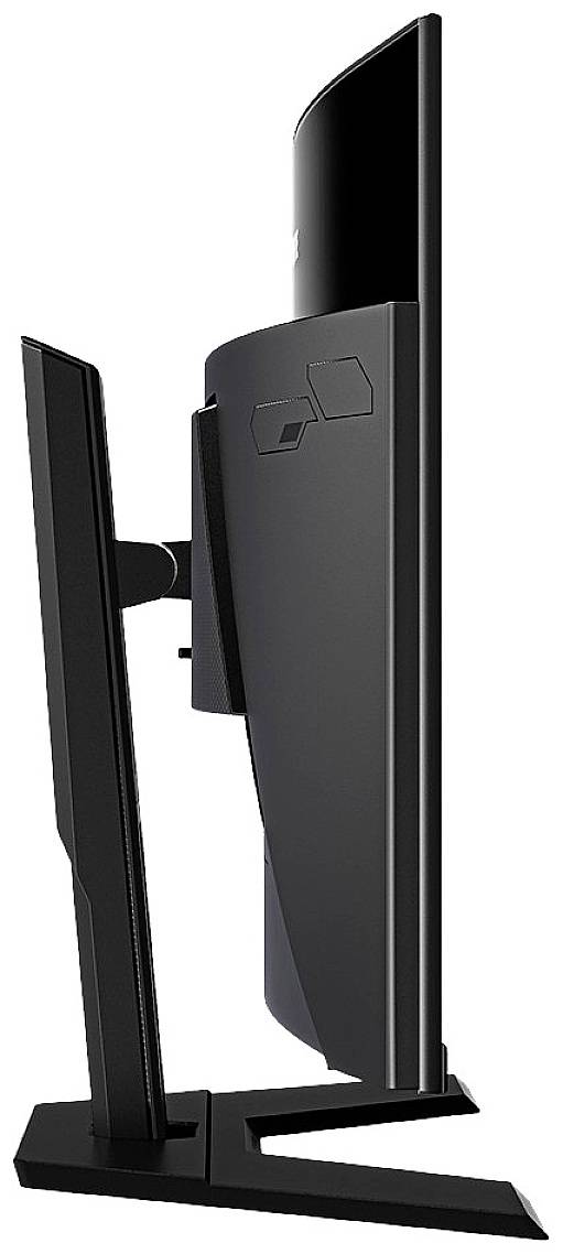 Widok z boku nowoczesnego monitora komputerowego o smukłej, czarnej sylwetce z regulowaną podstawą.