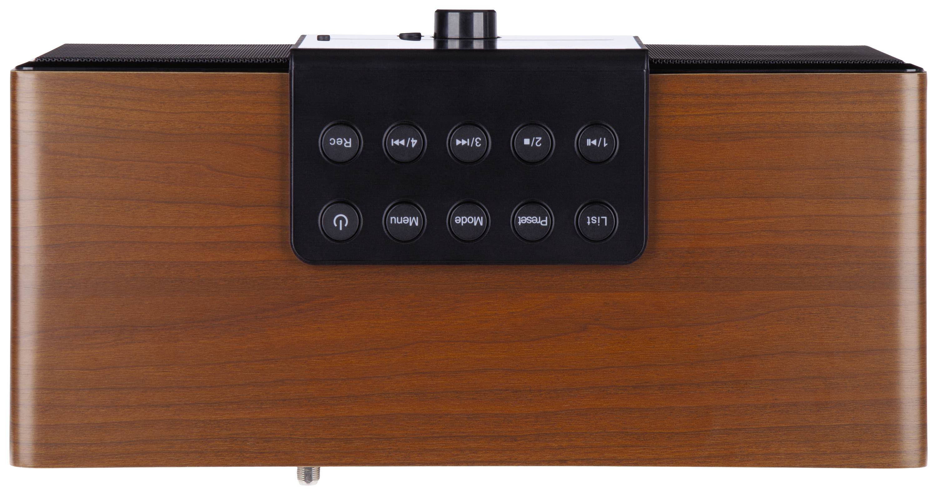 Radioodbiornik drewniany z czarnym panelem sterowania i pokrętłem regulacyjnym, widocznych kilka przycisków.