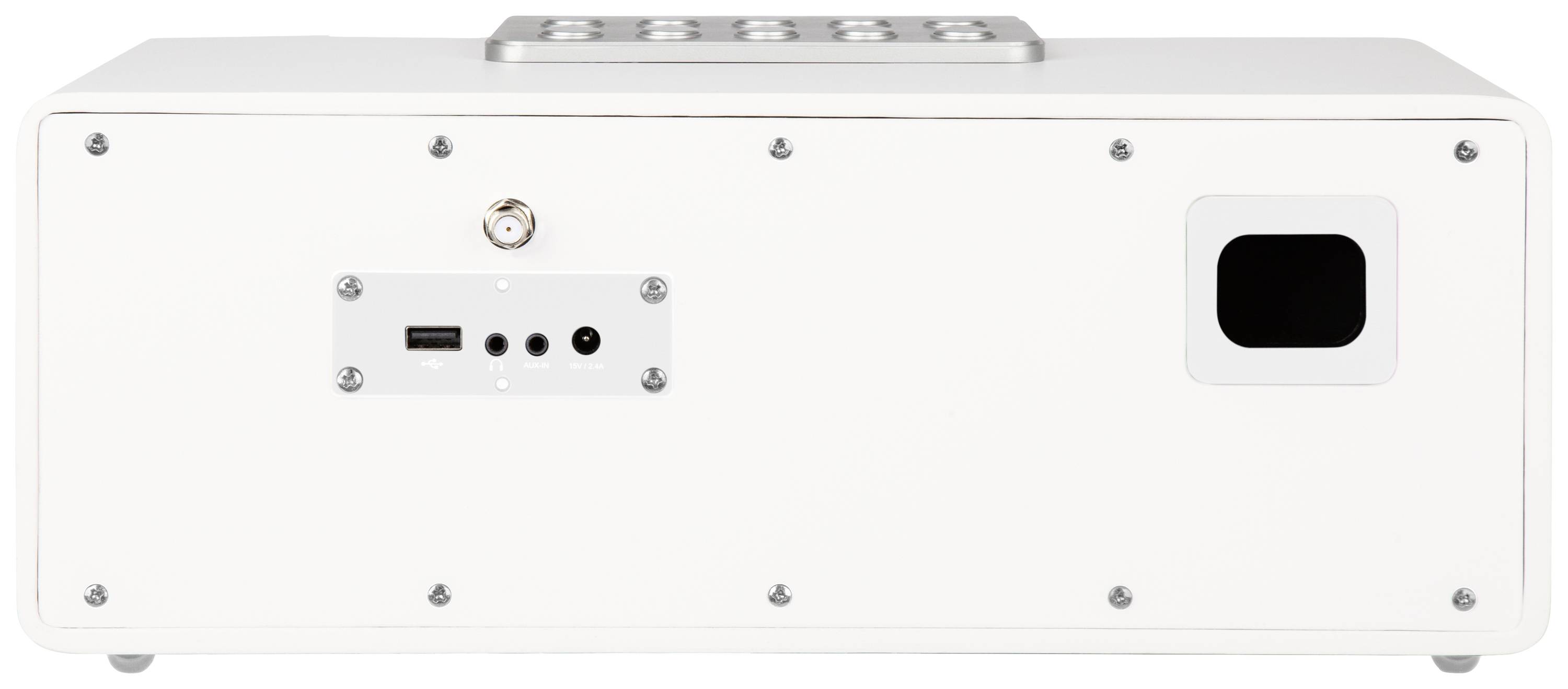 Widok tylny urządzenia elektronicznego z różnymi portami: USB, gniazdo audio oraz prostokątny otwór po prawej stronie.