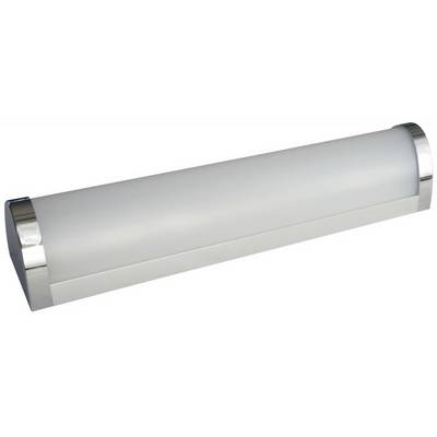 Nowoczesna, podłużna lampa ścienna z matowym, białym światłem i chromowanymi akcentami na końcach. Idealna do łazienki lub korytarza.