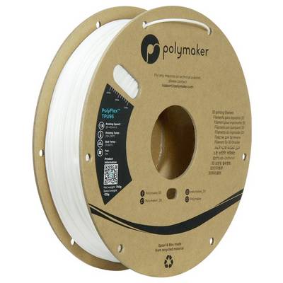 Szpula białego filamentu do drukarki 3D Polymaker PolyFlex TPU95 na brązowej cewce z papieru makulatury.