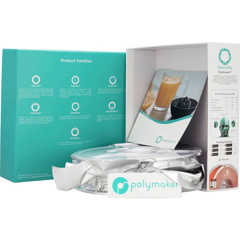 Opakowanie filamentu do druku 3D marki Polymaker. Prezentuje różne linie produktowe oraz przykłady zastosowań na opakowaniu.