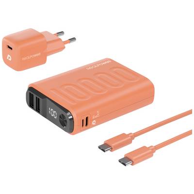 Pomarańczowy zestaw ładujący, składający się z adaptera sieciowego, powerbanku z wyświetlaczem cyfrowym oraz kabla USB-C.