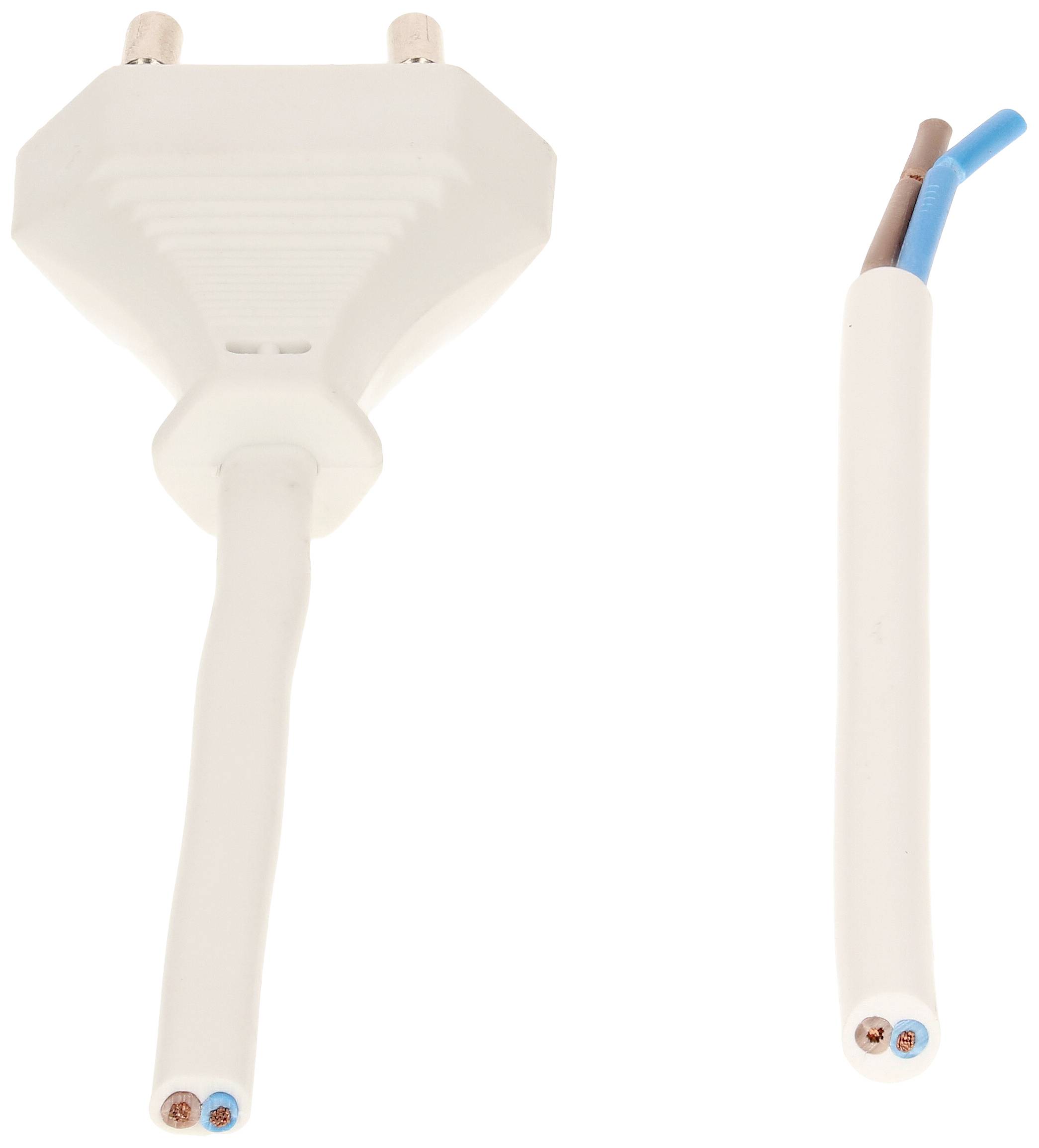 Przecięty kabel elektryczny z widocznymi dwoma przewodami, jednym brązowym i jednym niebieskim, obok wtyczki bez wtyku.