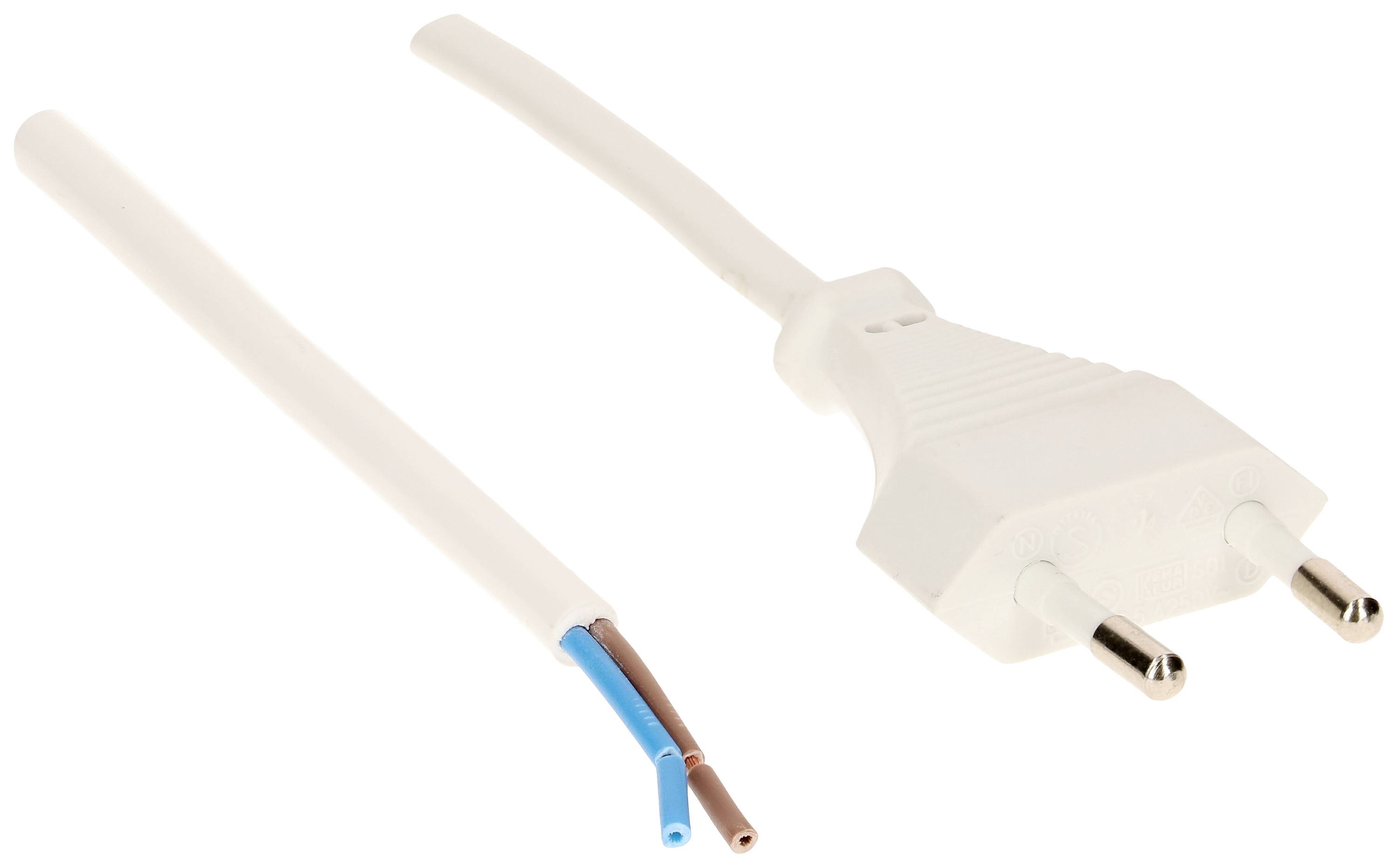 Odłączony biały wtyk elektryczny i przewód z odsłoniętymi niebieskimi i brązowymi przewodami, odpowiedni do instalacji elektrycznych.