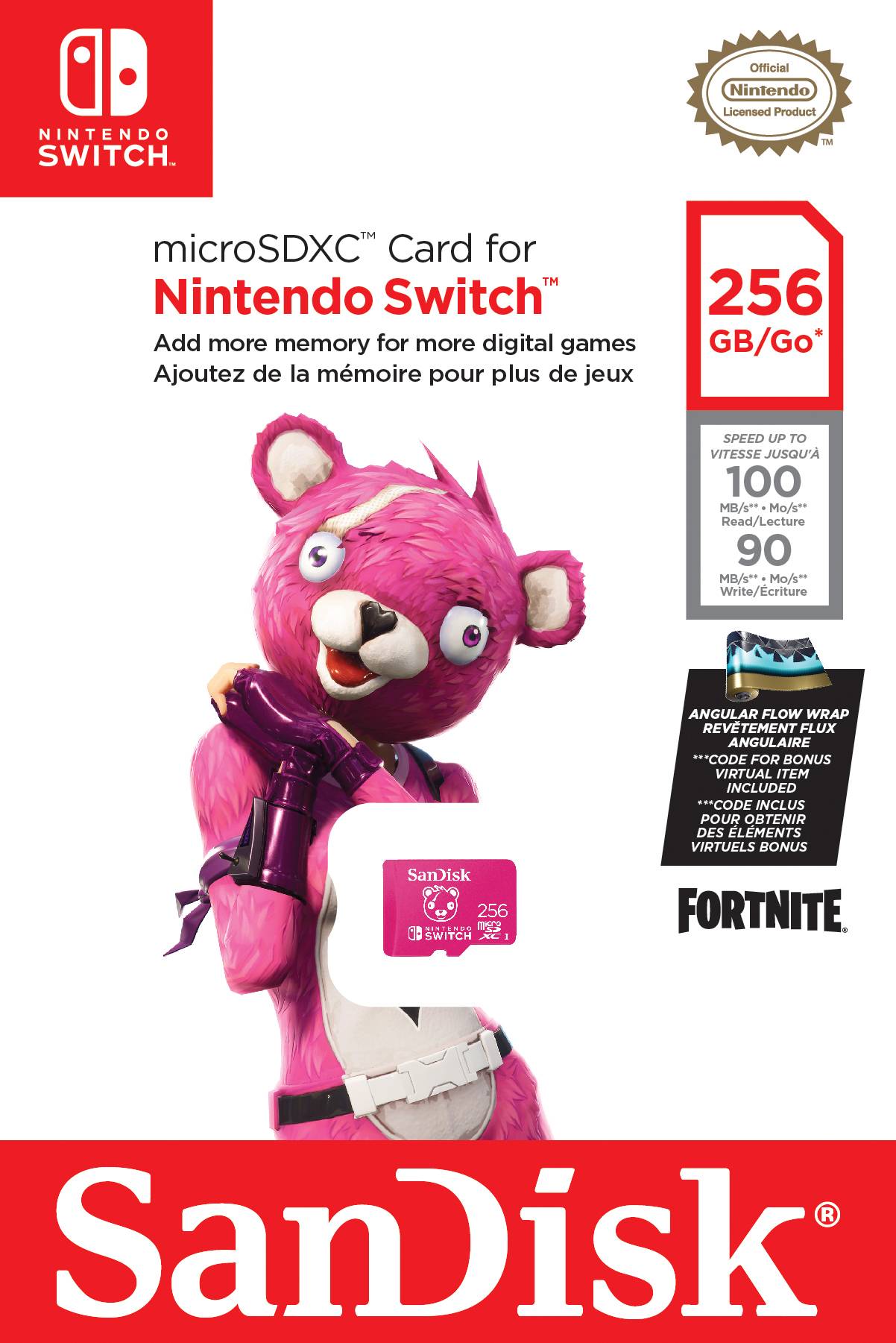 Karta SanDisk microSDXC 256 GB do Nintendo Switch, szybki transfer do 100 MB/s. Na obrazku fioletowy miś z Fortnite.