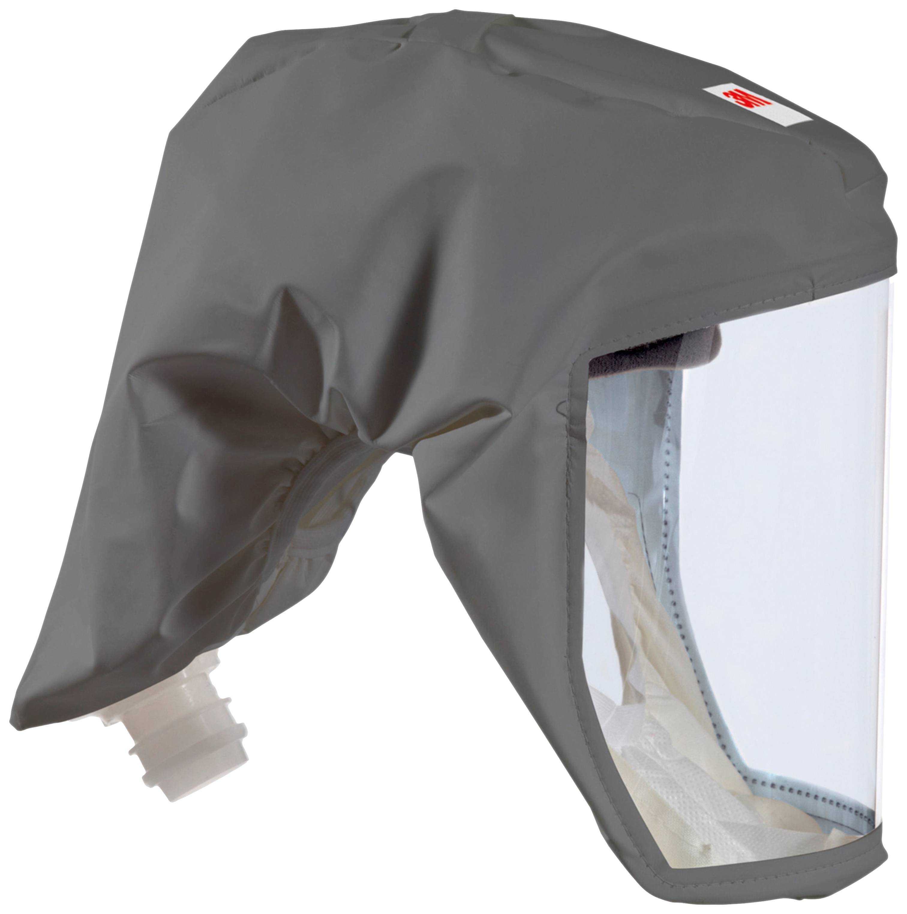 Szara osłona ochronna z dużą przezroczystą przyłbicą i zaworem oddechowym, odpowiednia do prac w niebezpiecznych środowiskach.