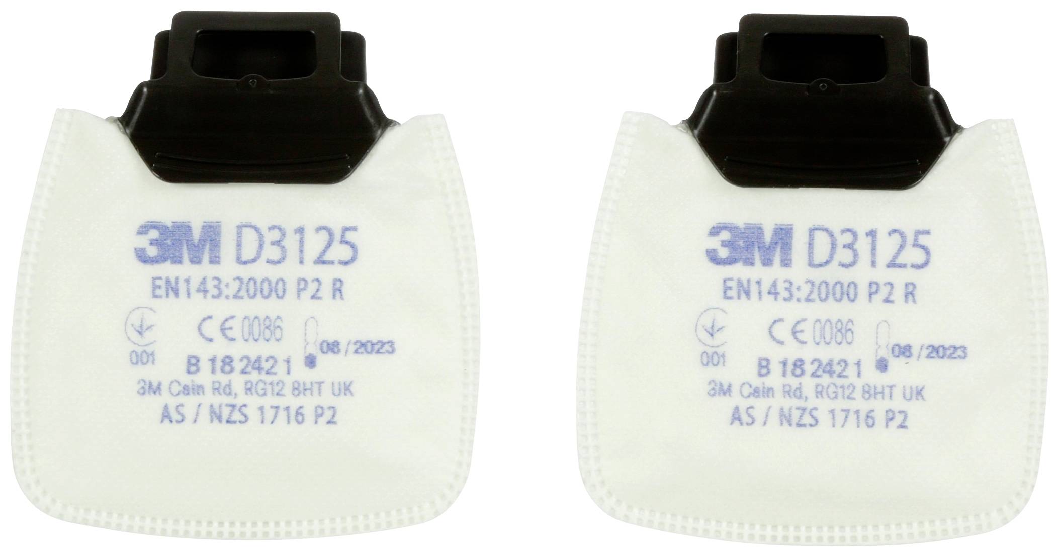 Dwa białe filtry cząsteczkowe 3M D3125 ułożone obok siebie, oznaczone etykietą EN143:2000 P2 R, przeznaczone do ochrony przed pyłem i mgłą.