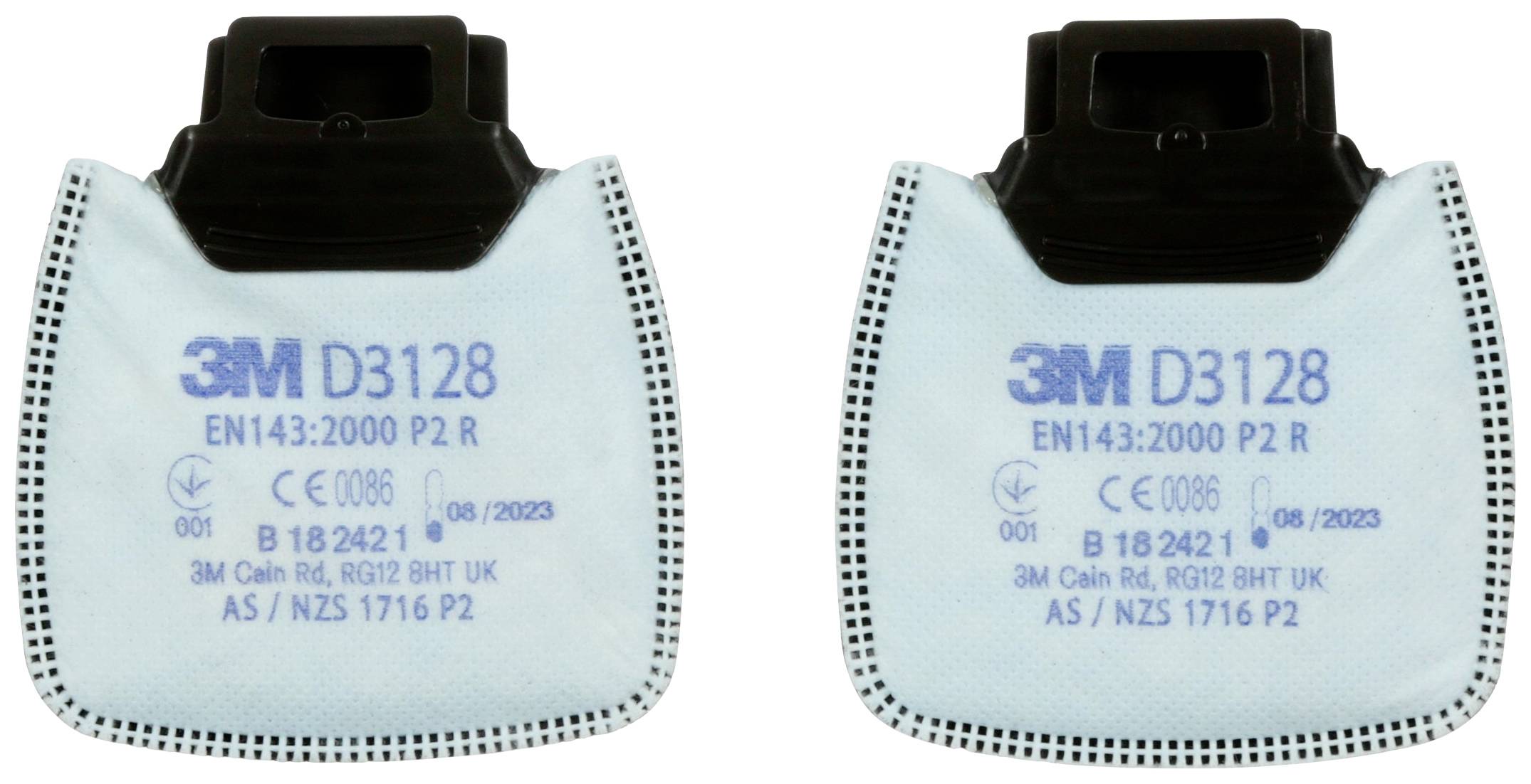 Dwa filtry ochrony dróg oddechowych marki 3M, model D3128, spełniające normy EN143:2000 P2 R oraz AS/NZS 1716 P2.