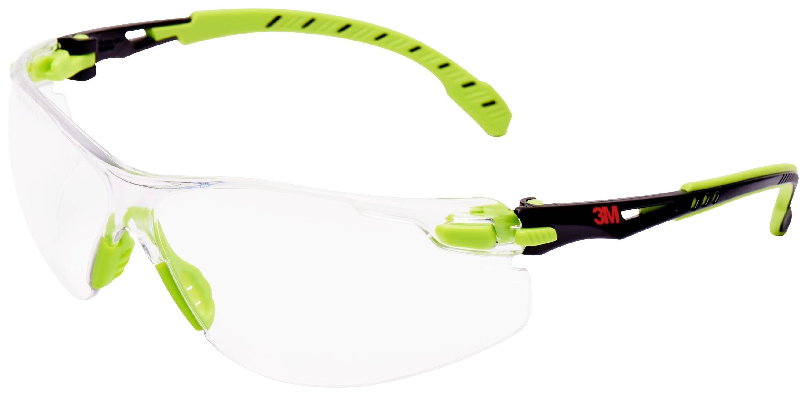 Przezroczyste okulary ochronne z zielonymi akcentami i regulowanym moskiem nosowym, odpowiednie do ochrony oczu i twarzy w środowiskach pracy.